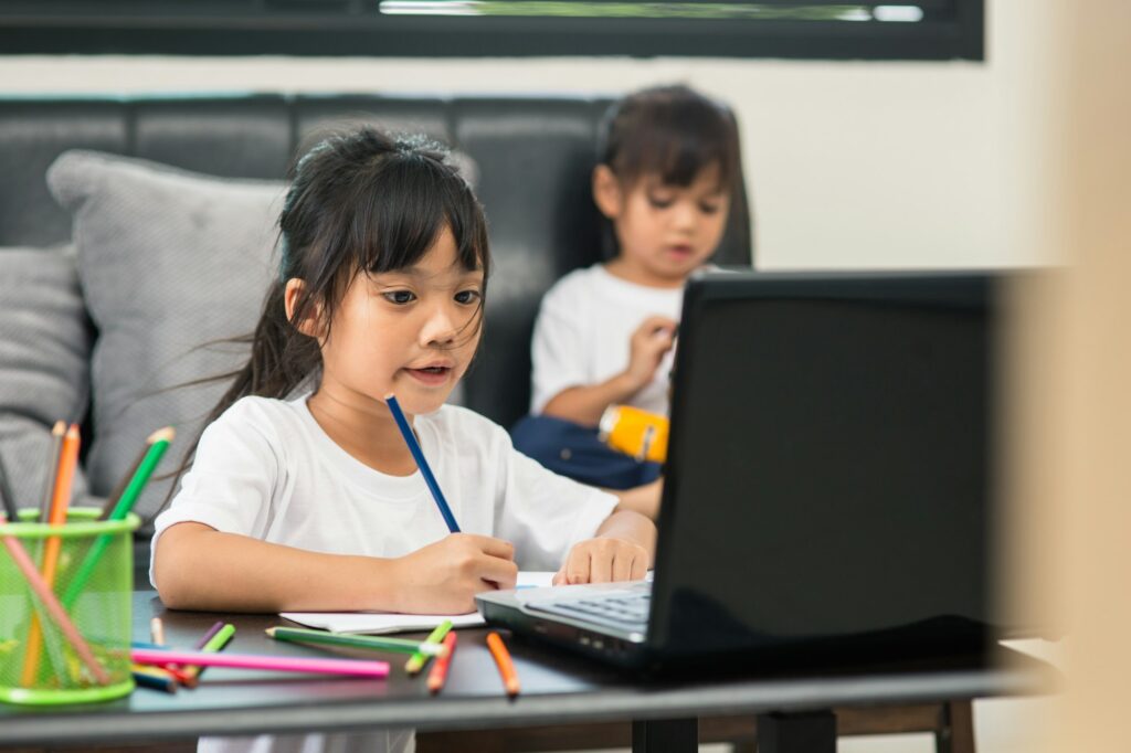 Asian girl student online learning class study online video call zoom teacher,